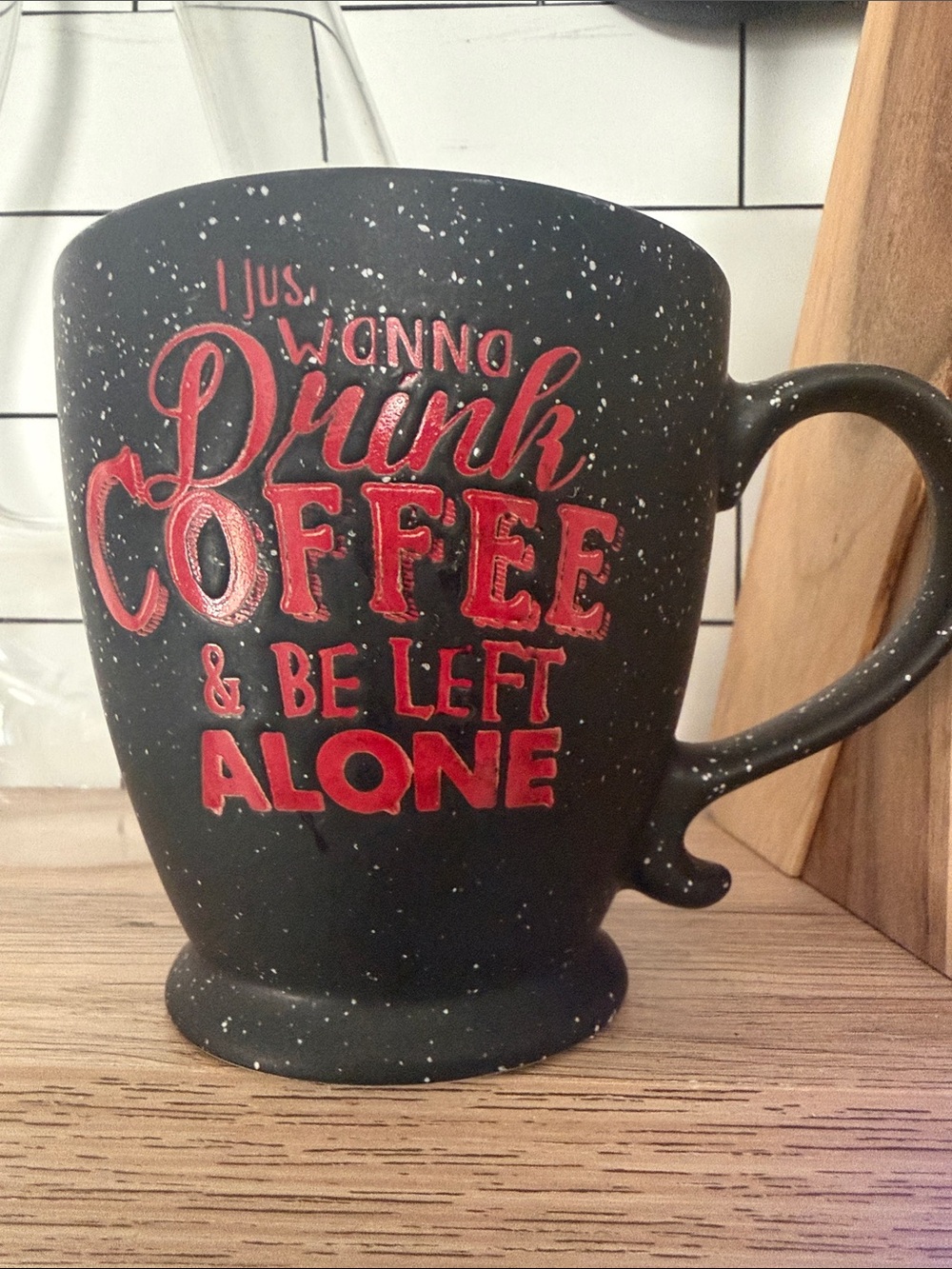 Black Speckled Coffee Mug with Red Lettering - 'Drink Coffee & Be Left Alone'